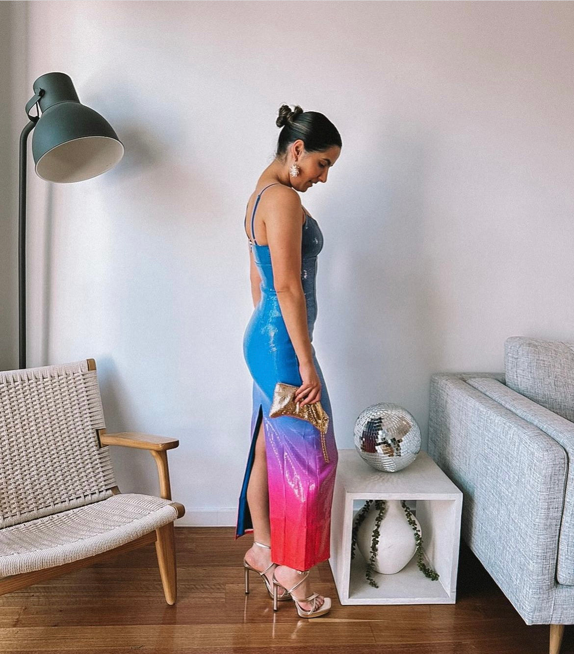 Blue Strapless Gradient Sequin Midi Dress