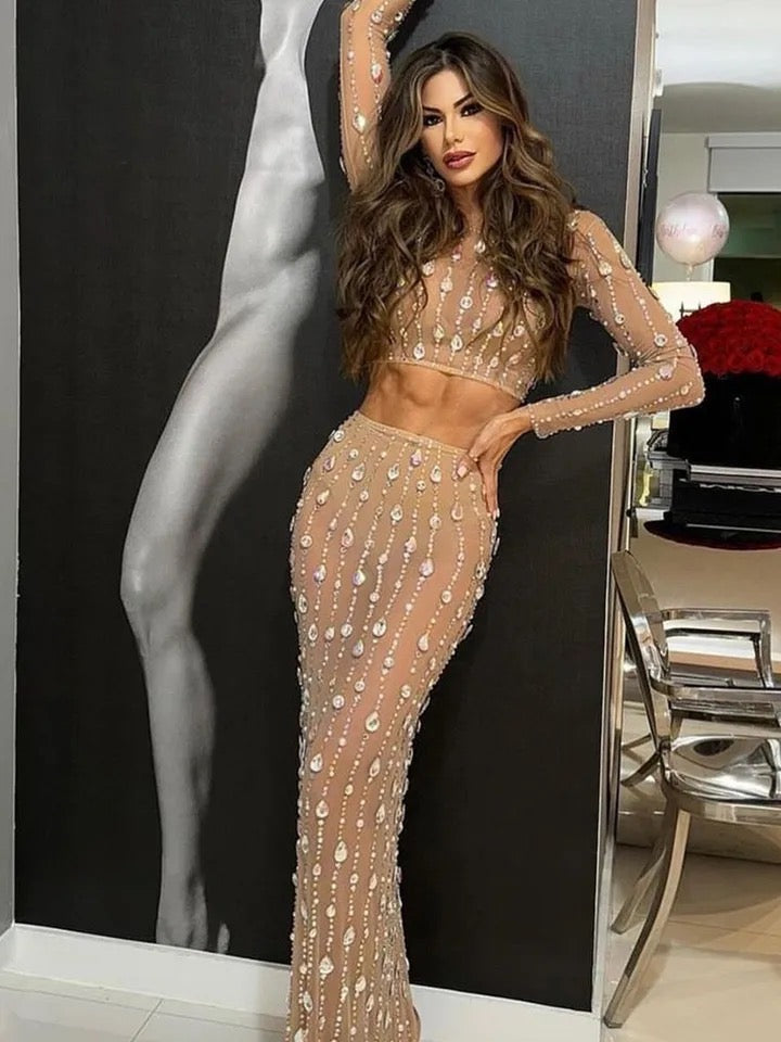 Black And Beige Big Rhinestones Transparent Two Pieces Skirt and Tops