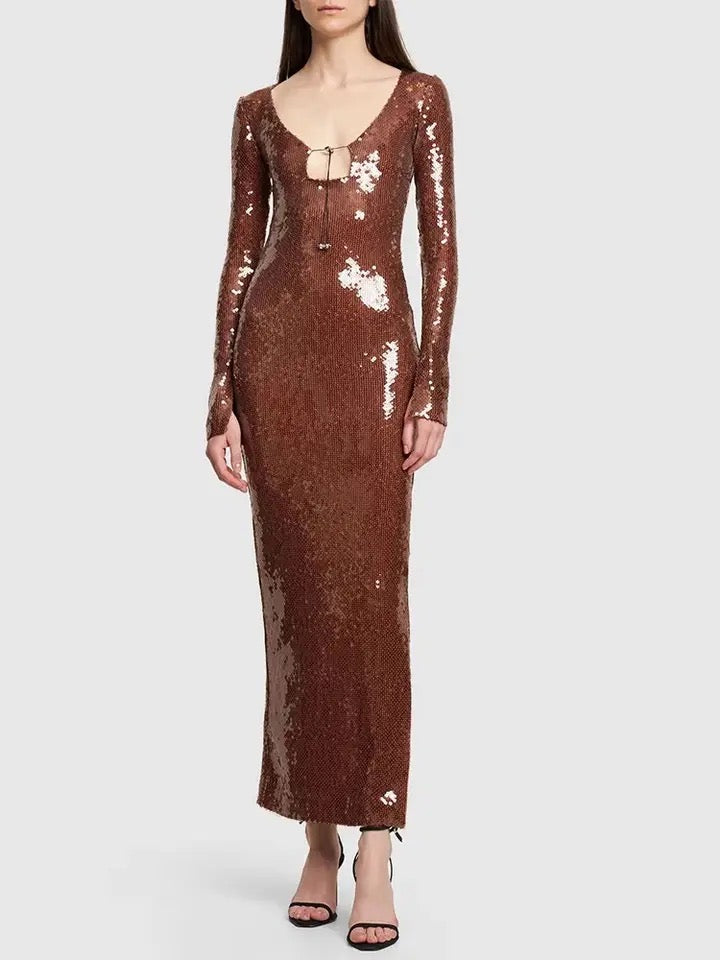 Brown Mesh Sequins Long Gowns Dress