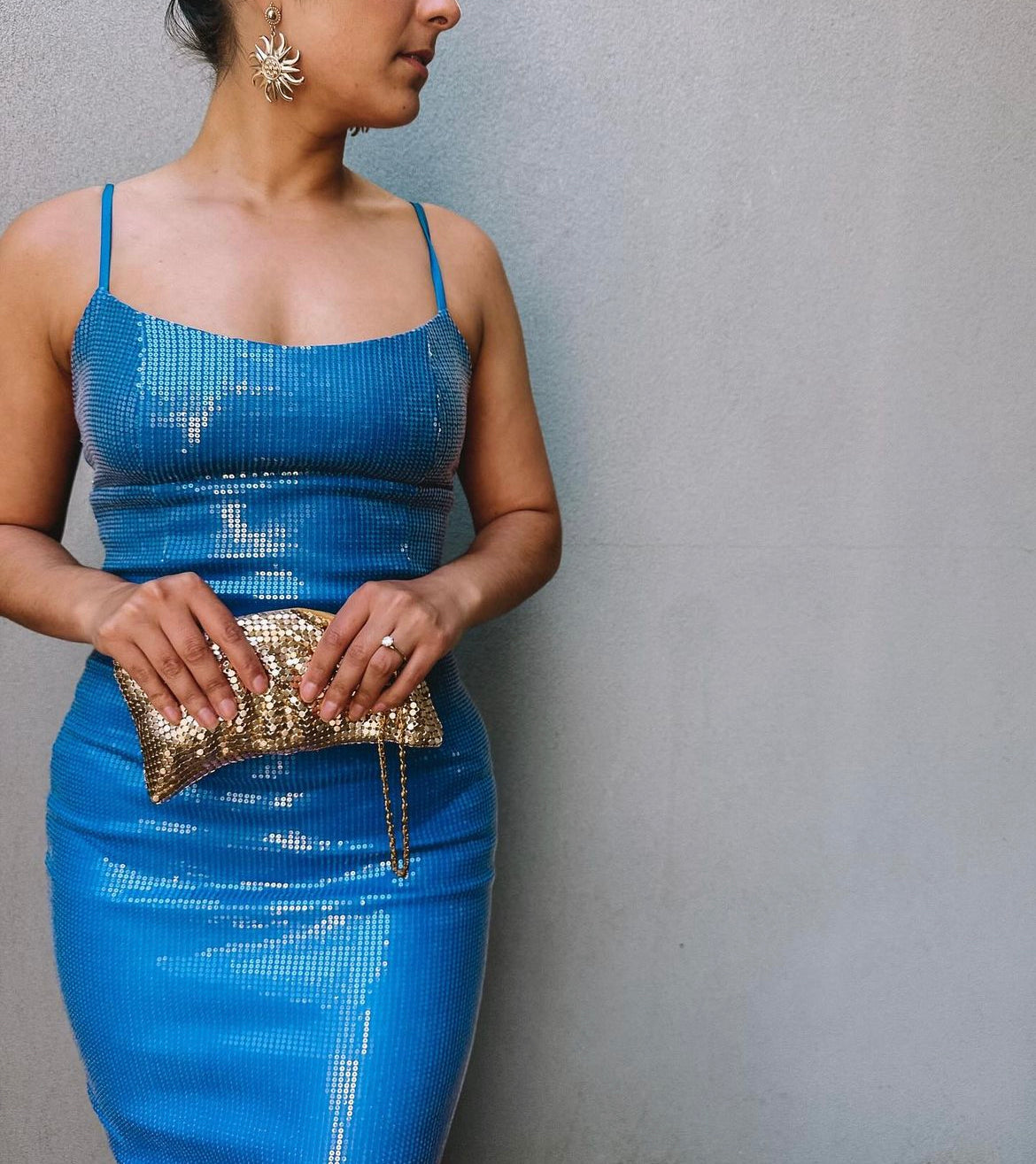 Blue Strapless Gradient Sequin Midi Dress