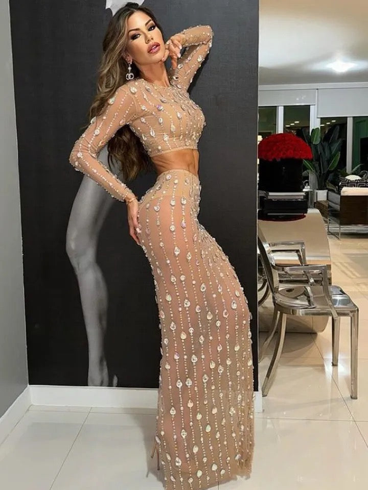 Black And Beige Big Rhinestones Transparent Two Pieces Skirt and Tops