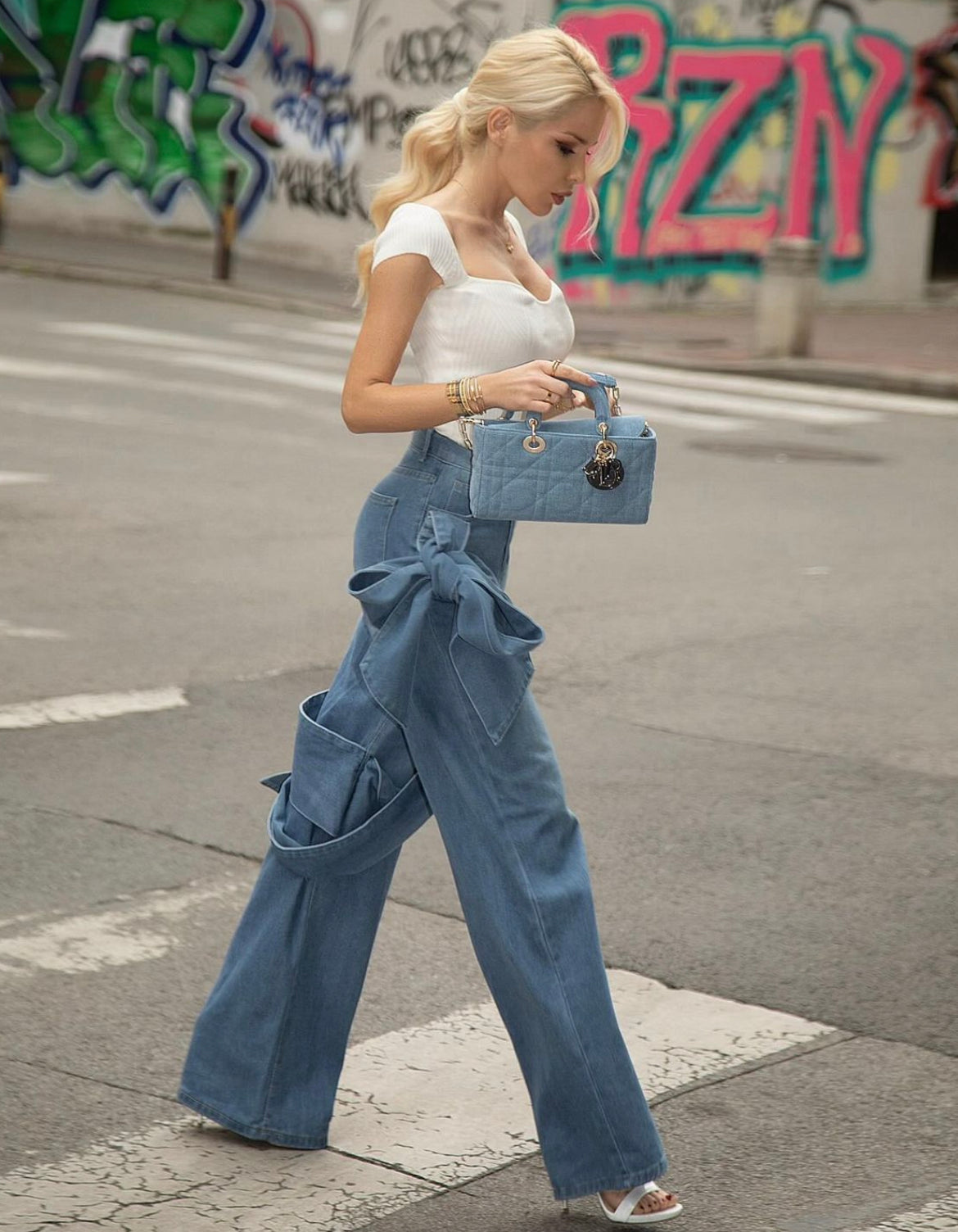 Blue Bow Stitching Wide Leg Jeans