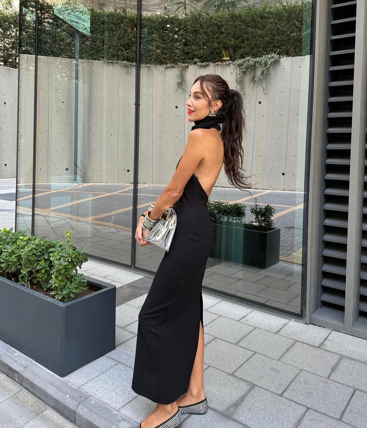 Black Satin Halter Dress for Women, Backless Dress with Bow Tied