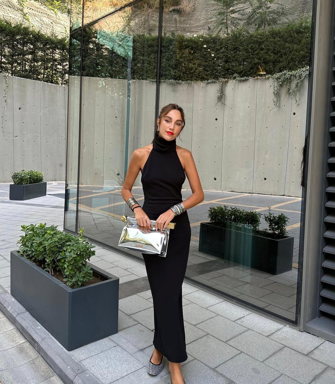 Black Satin Halter Dress for Women, Backless Dress with Bow Tied
