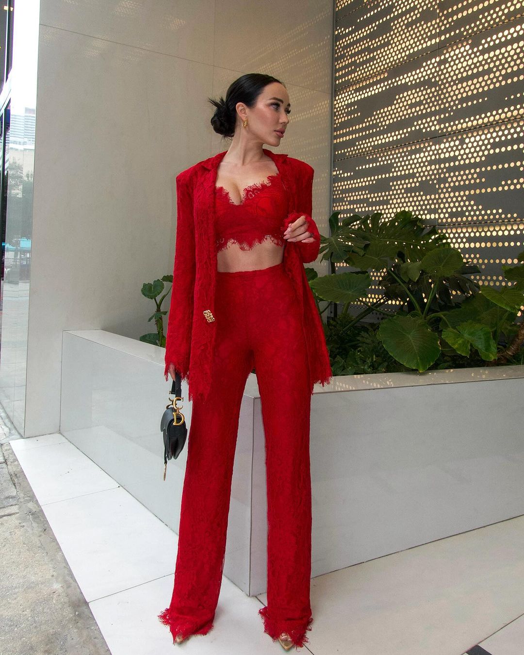 Red lace ensemble featuring blazer Three Piece Set
