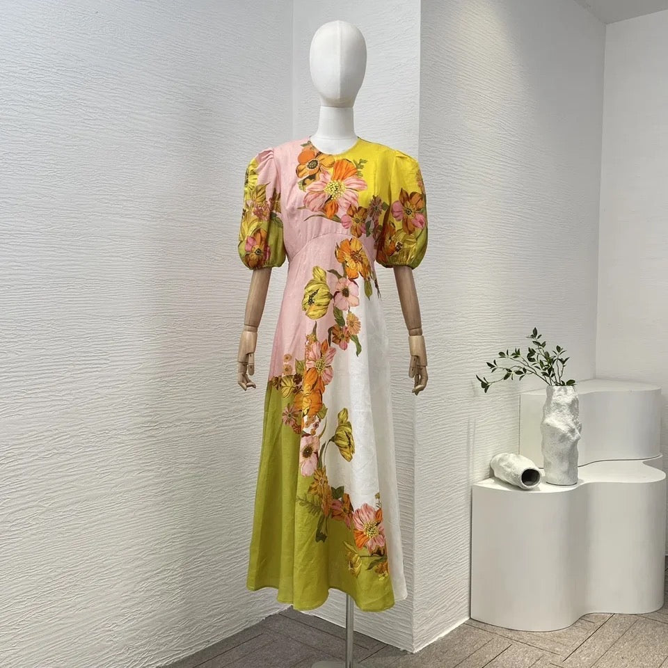 Strapless Green Floral Printed Swing Sling Long Dress
