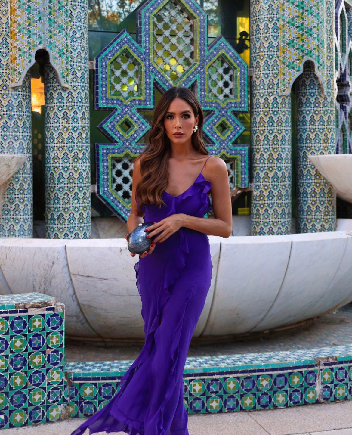 Dark sapphire Blue V-neck Irregular Ruffles Hem Maxi Dress