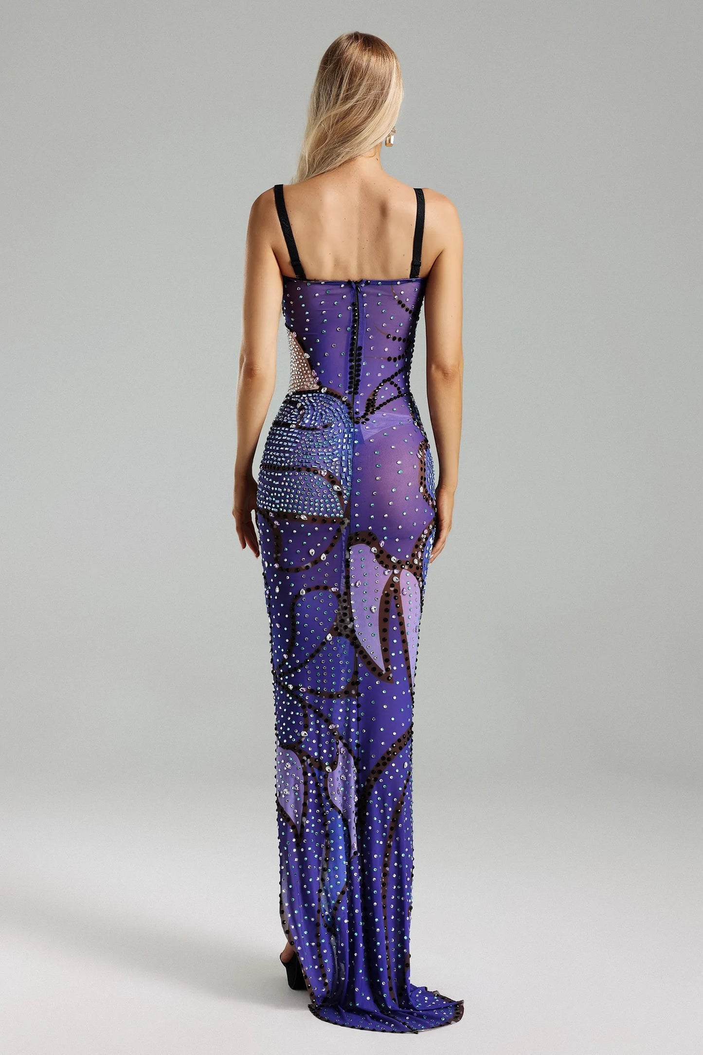 Blue Sparkly Rhinestones Petals Split Floor-length Dress