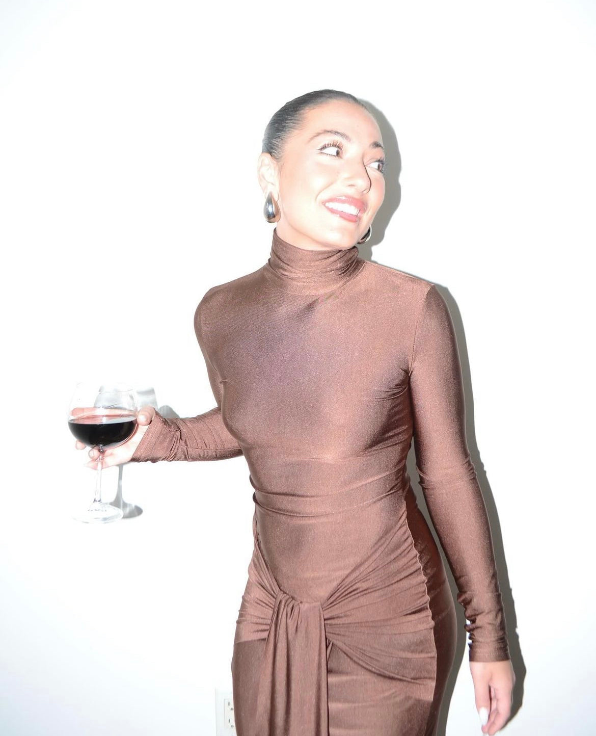 Brown High Neck Long Sleeve Bodycon Dress