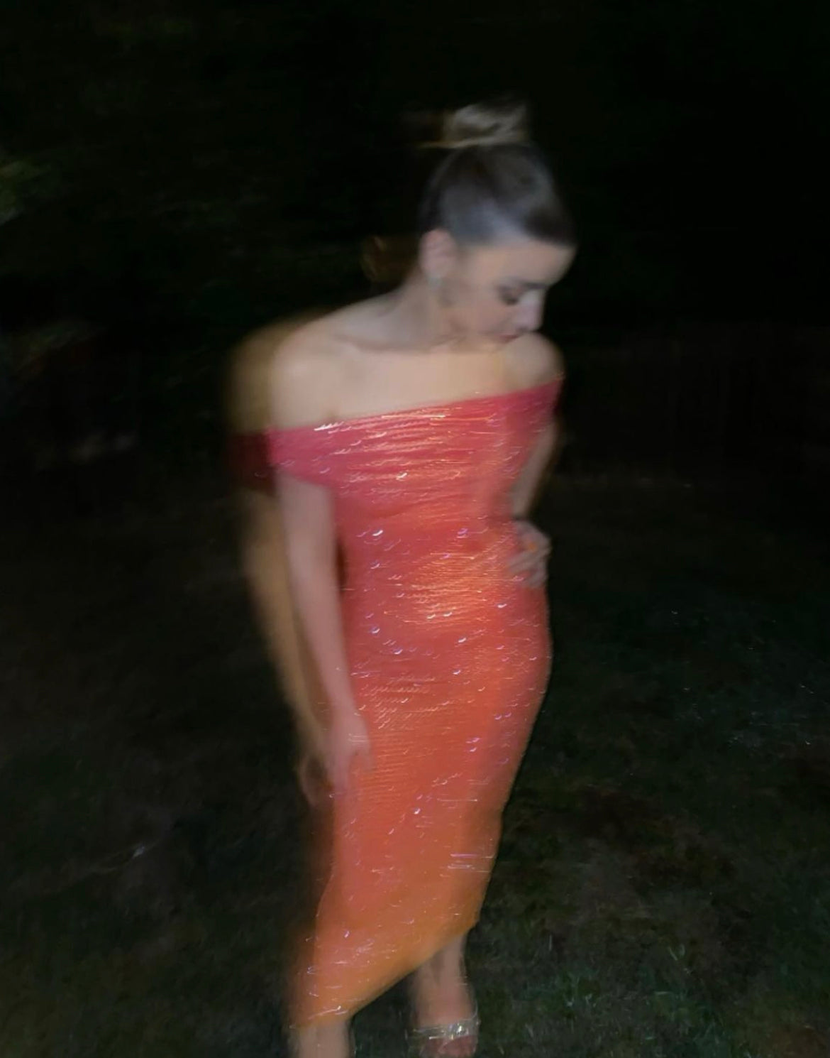 Orange Shaded Off Shoulder Luxury Diamond Decoration Skinny Midi Dress