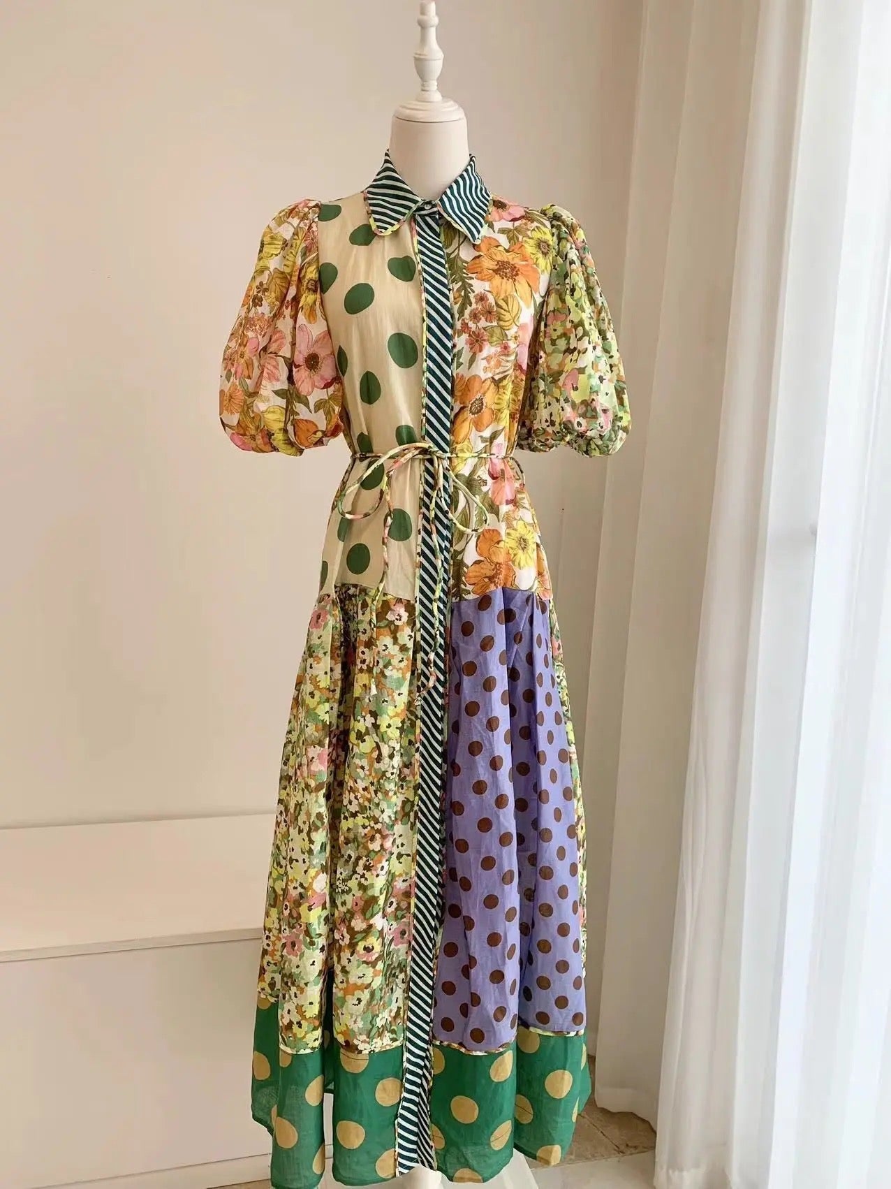 Printed Turn-down Collar Puff Short Sleeve Linen Long Dress