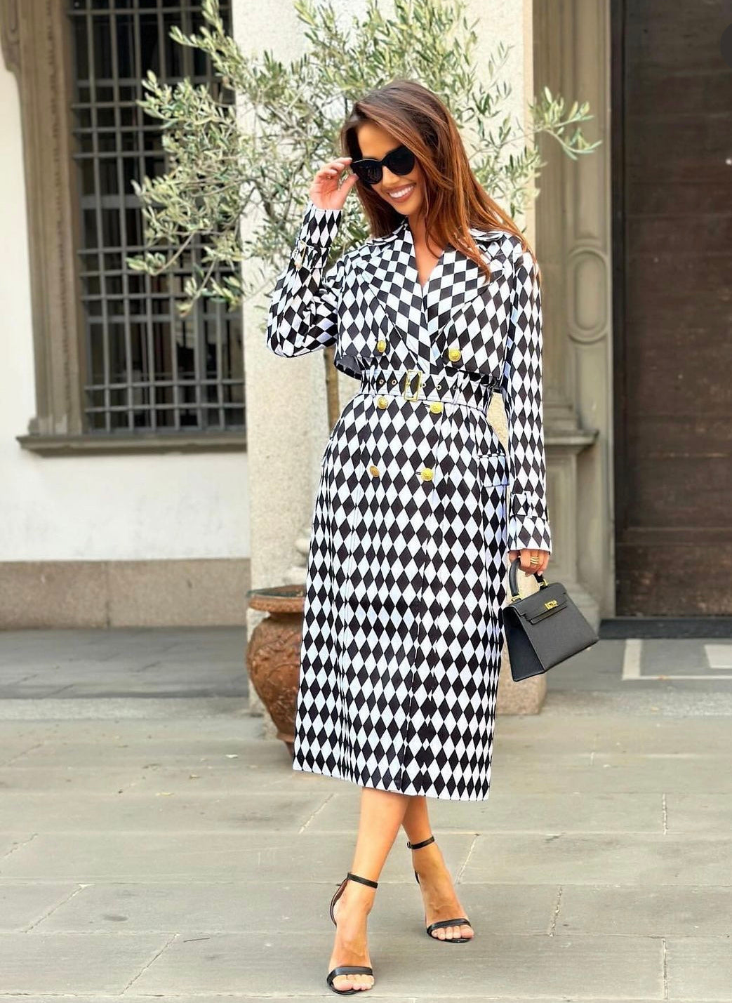 Black & White Plaid Windbreaker Streetwear Double Breasted Long Trench Coats