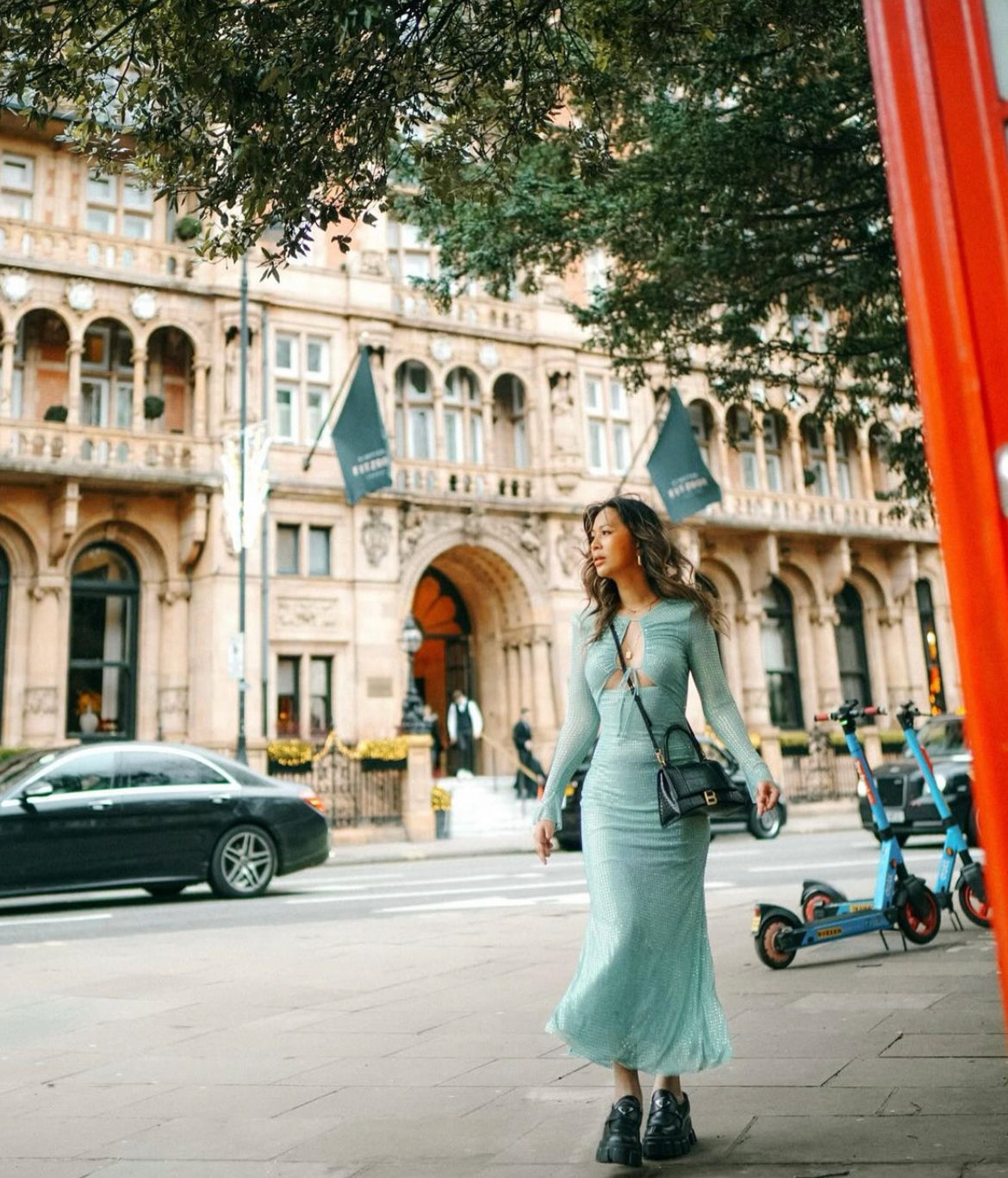 Light Blue Heavy Stone O Neck Hollow Out Midi Dress