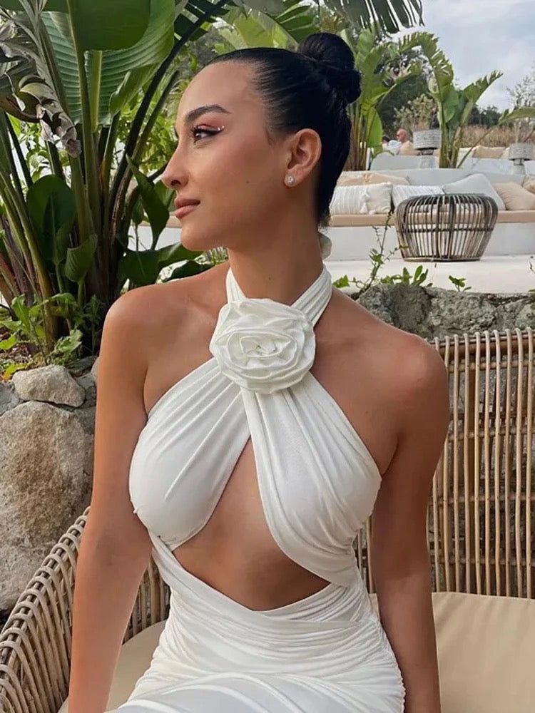 White Lace Up Halter Cross Maxi Dress For Women