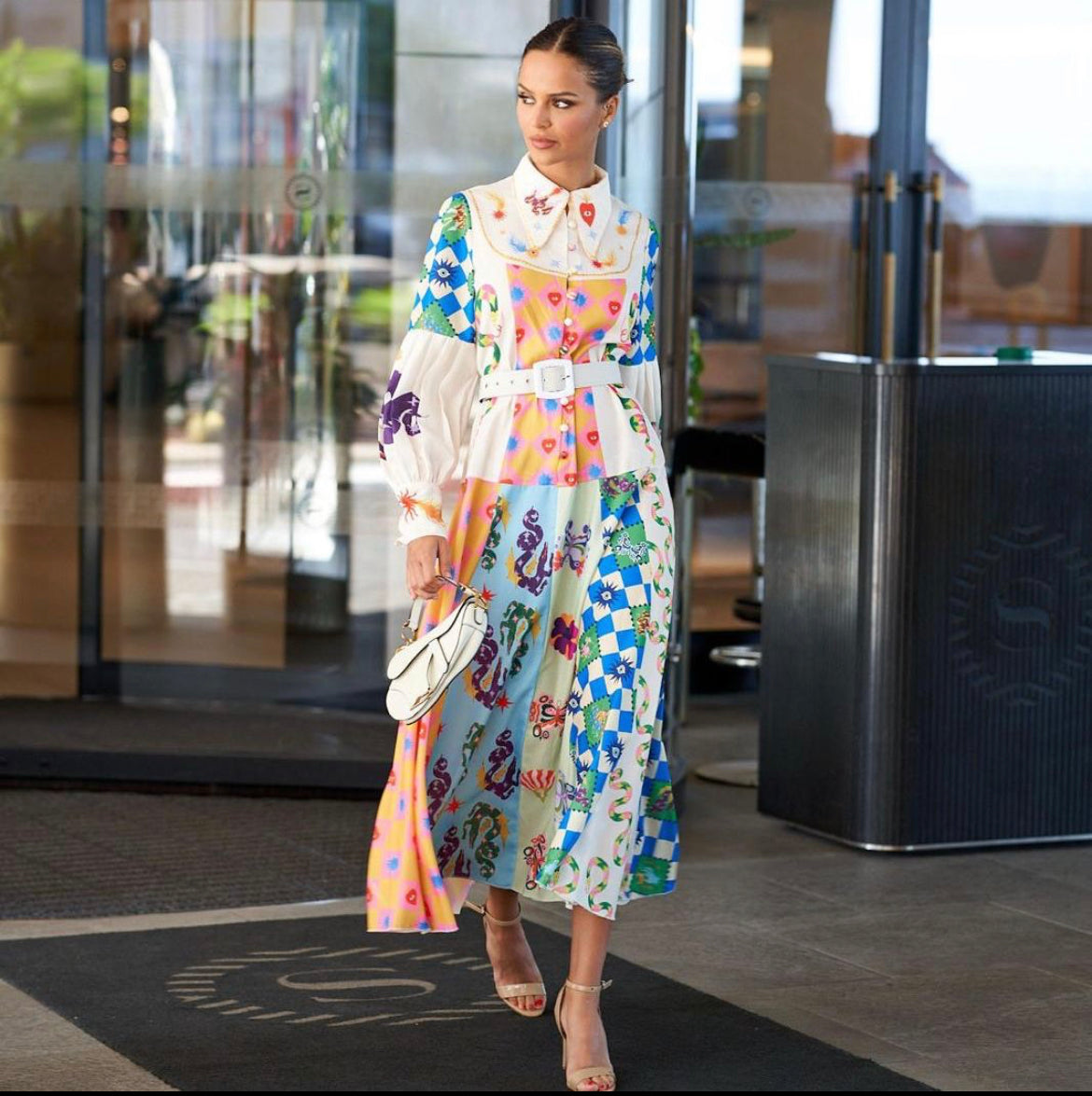 White Polo Neck Printed Vintage Midi Dress