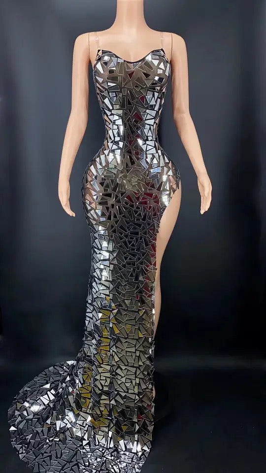 Shiny Luxurious Silver Mirrors Evening Sleeveless Long Train m Dress