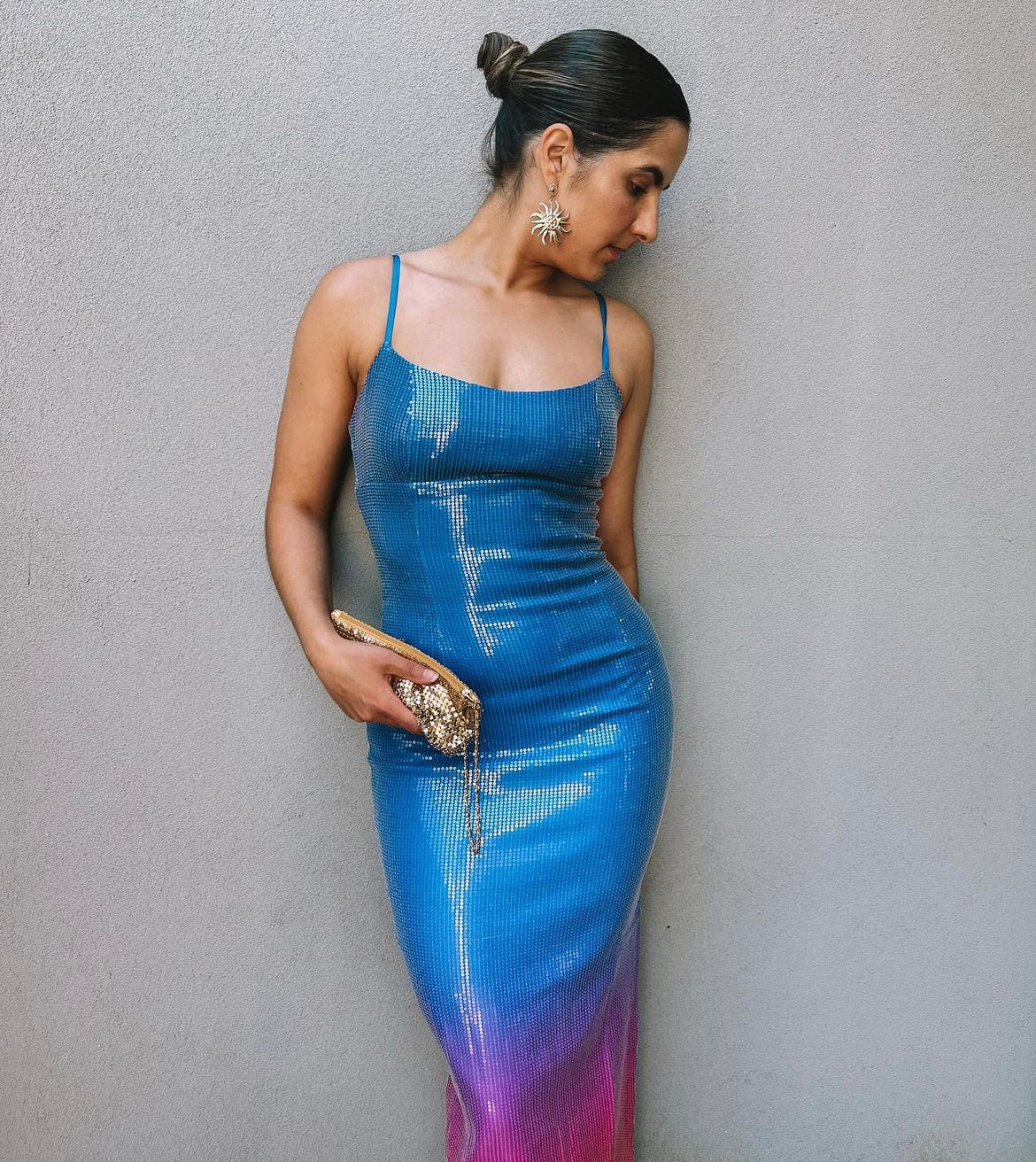 Blue Strapless Gradient Sequin Midi Dress