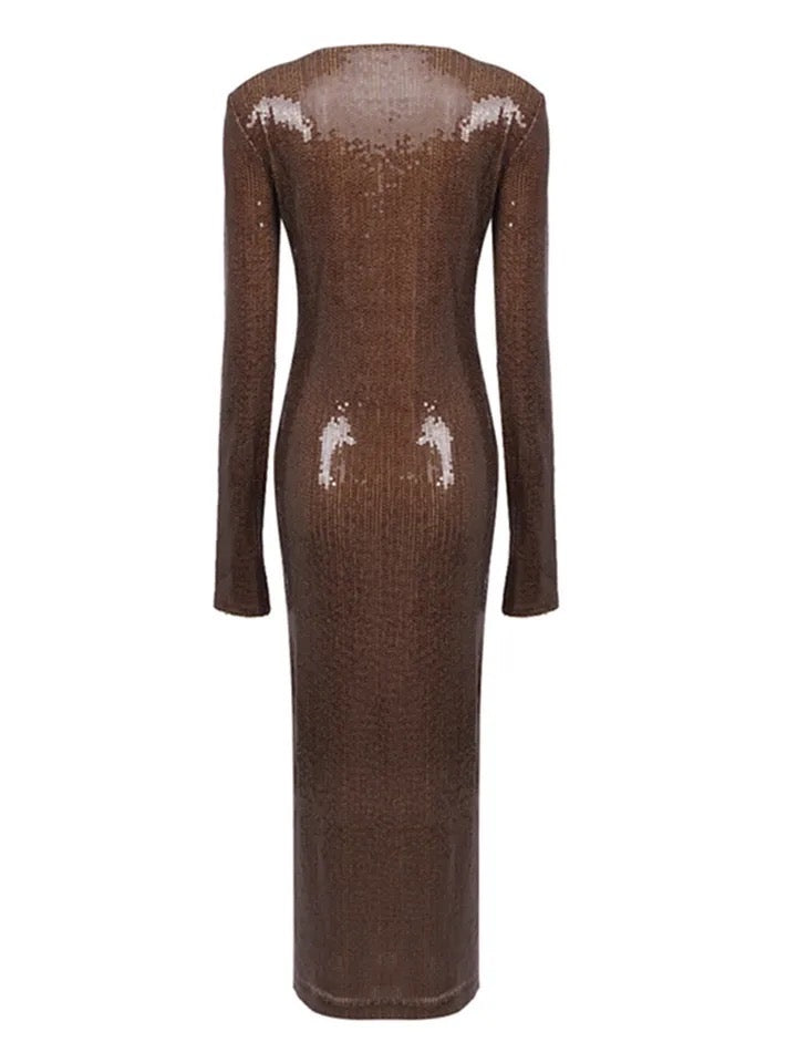 Brown Mesh Sequins Long Gowns Dress