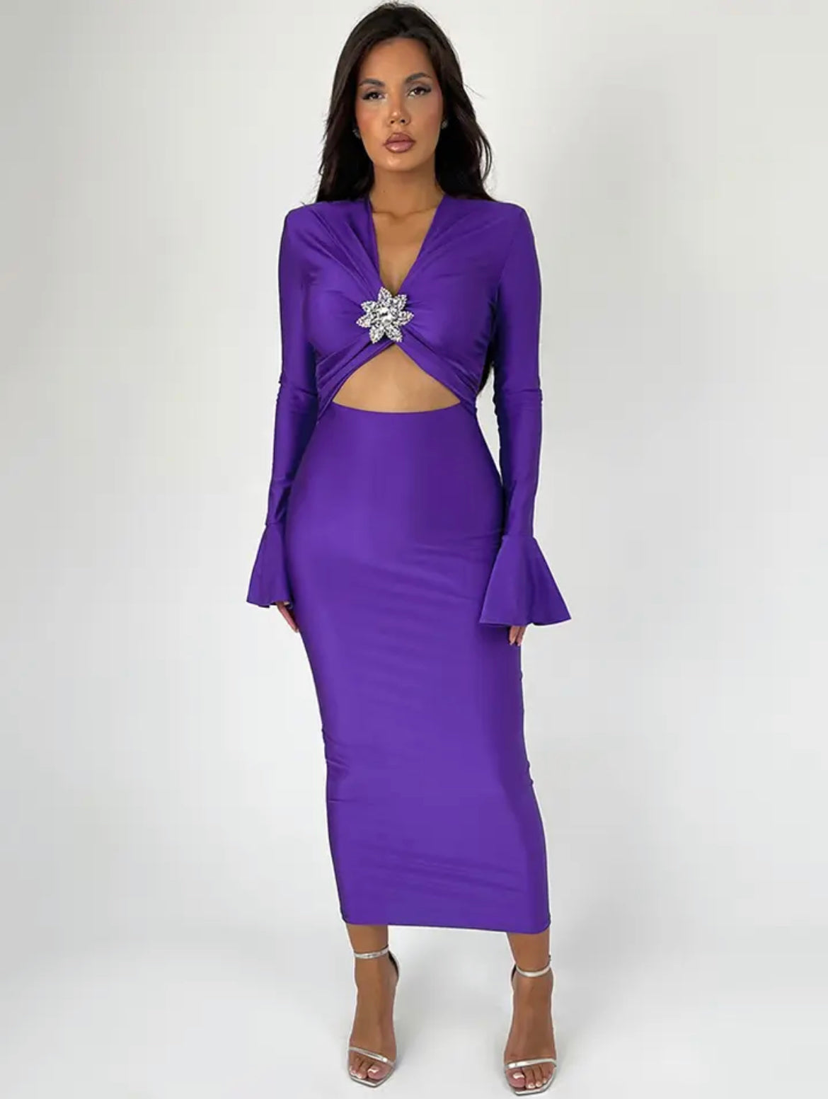 Purple Green Hollow Out Long Sleeve Sexy Maxi Dress