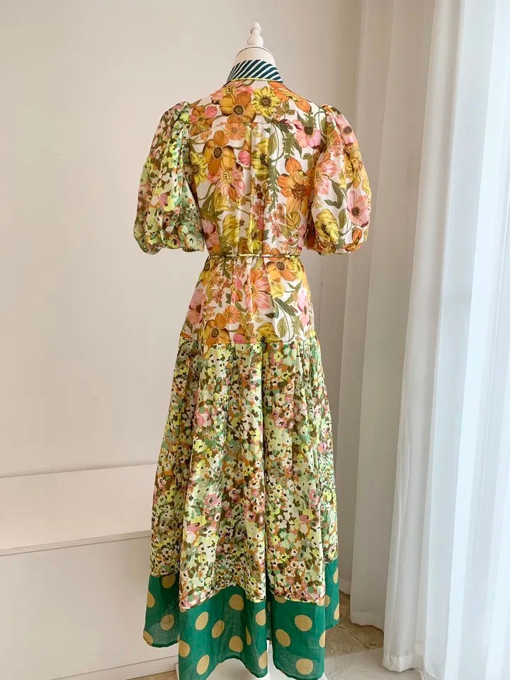 Printed Turn-down Collar Puff Short Sleeve Linen Long Dress