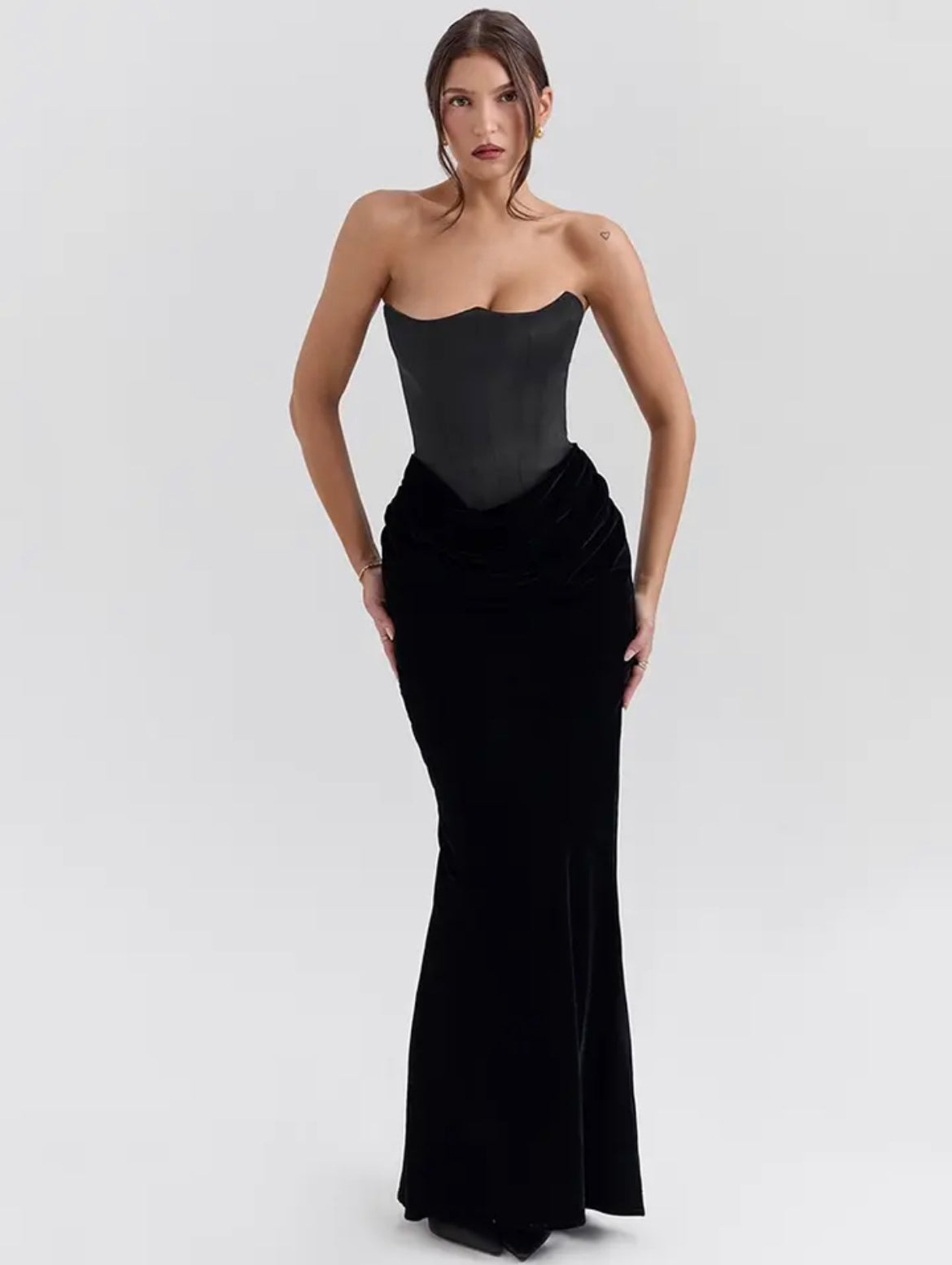 Black Velvet Patchwork Satin Maxi Strapless