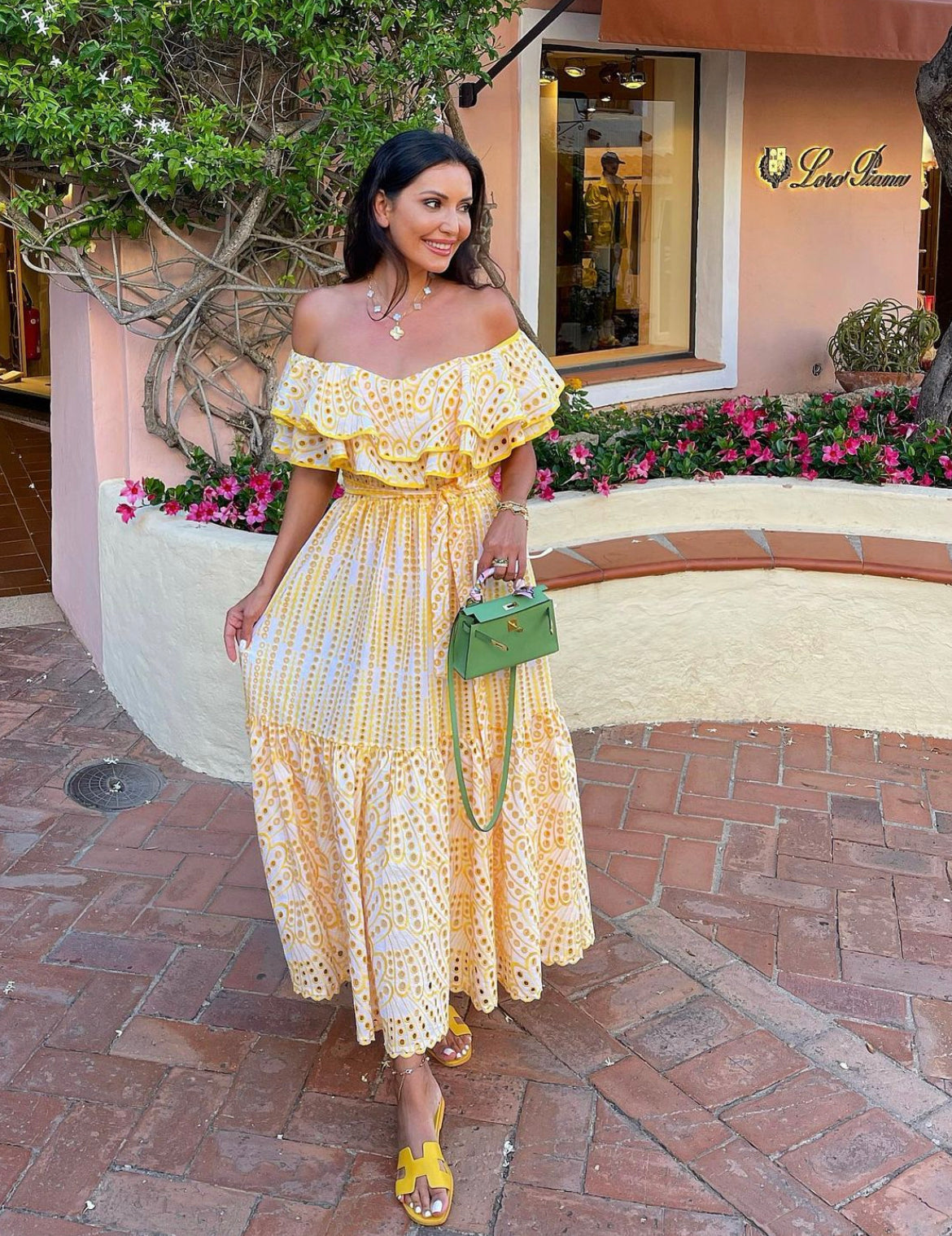 Yellow Slash Neck Embroidery Elegant Dress For Women