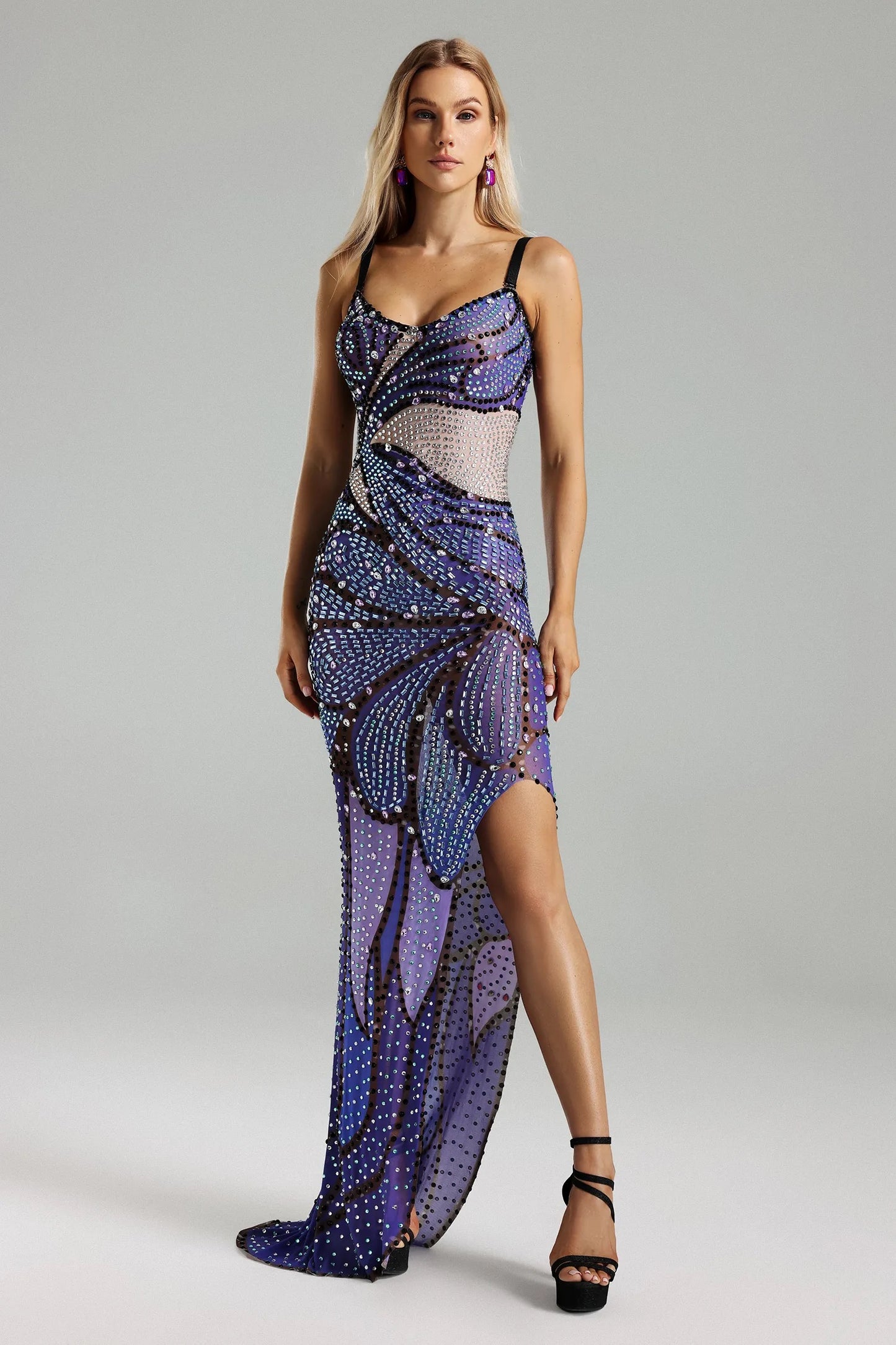 Blue Sparkly Rhinestones Petals Split Floor-length Dress