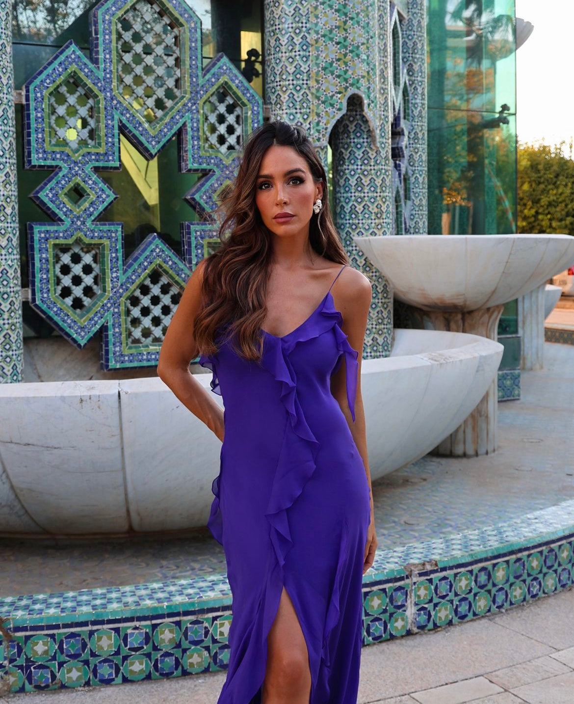Dark sapphire Blue V-neck Irregular Ruffles Hem Maxi Dress