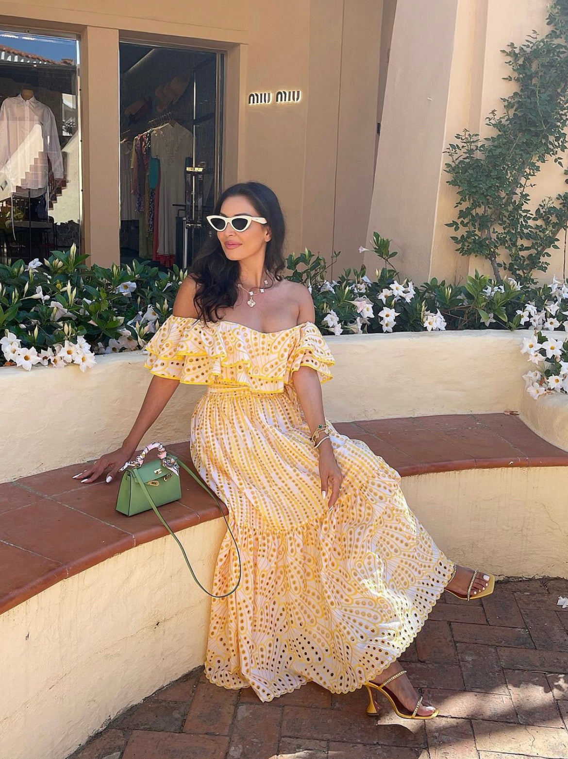 Yellow Slash Neck Embroidery Elegant Dress For Women