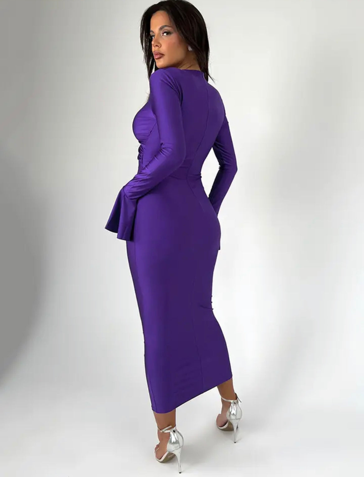 Purple Green Hollow Out Long Sleeve Sexy Maxi Dress
