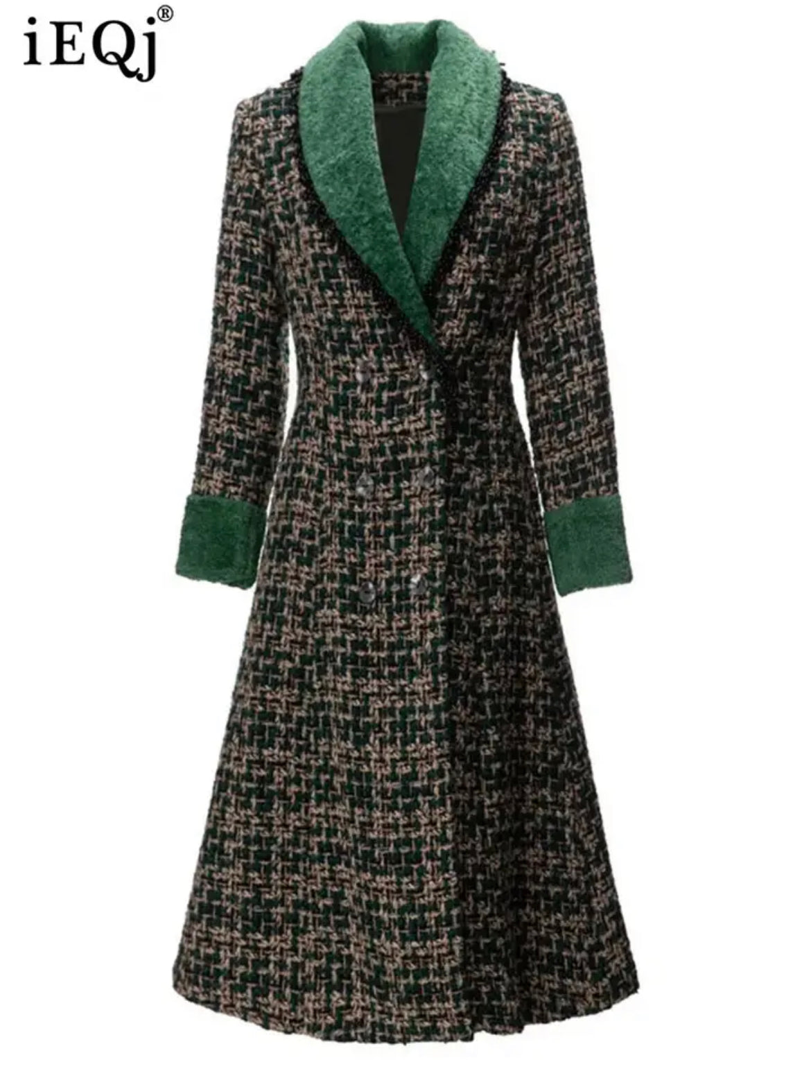 Green Slim Fit Double-Breasted Winter Dress with Stand Collar"