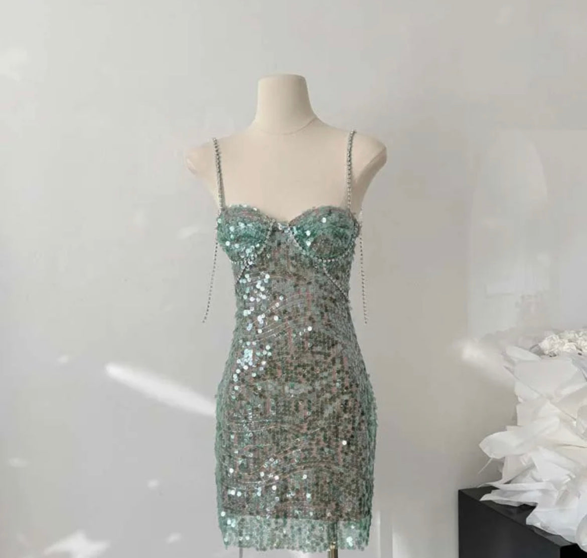 GREEN SEQUIN DIAMATE TRIM MIDI DRESS