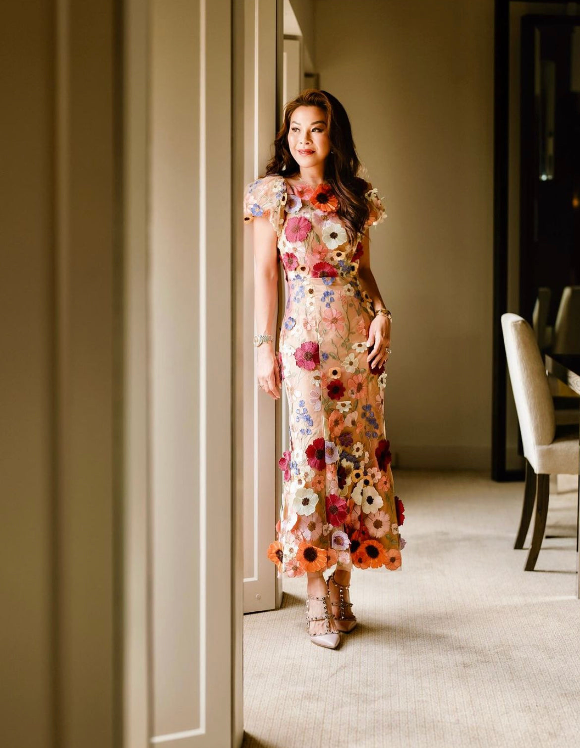 Mesh 3D Flower Embroidery Dress in Nude