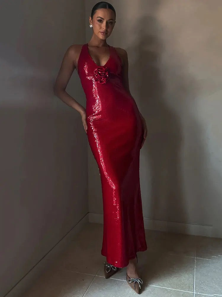 Red Sequin Long Dress V-neck 3D Flower Dress