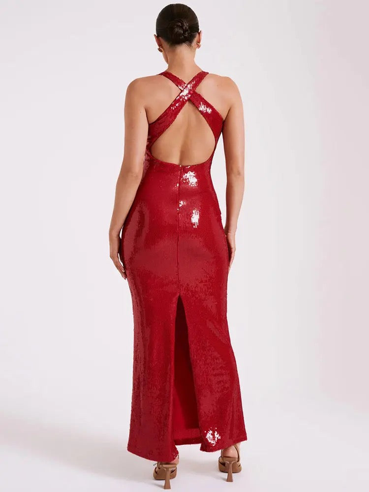Red Sequin Long Dress V-neck 3D Flower Dress