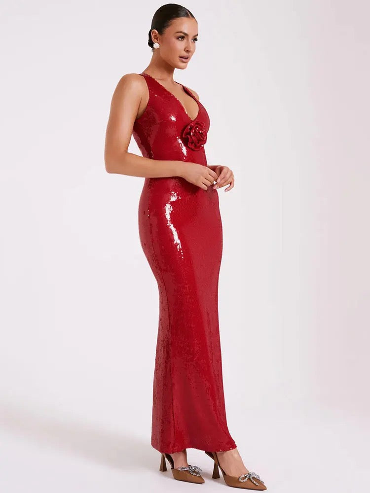 Red Sequin Long Dress V-neck 3D Flower Dress
