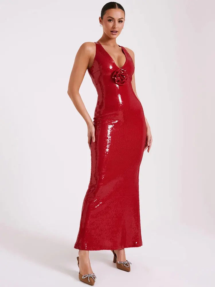 Red Sequin Long Dress V-neck 3D Flower Dress