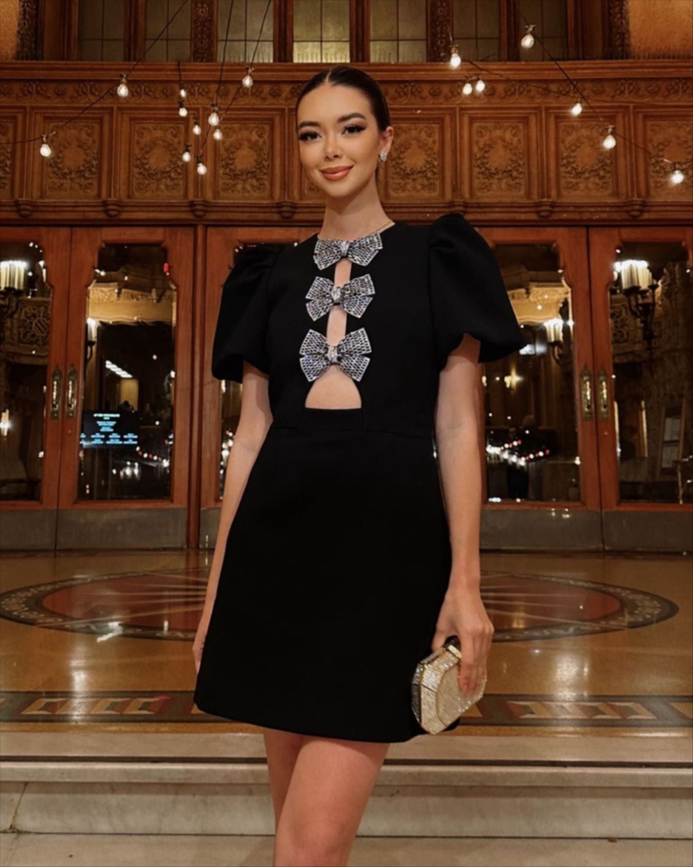 Black Sexy Short Sleeve Round Neck Bow Hollow Tight Mini Bandage Dress