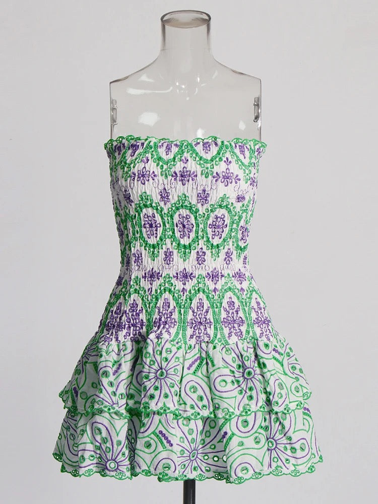 Green Cutwork Hollow Out Printing Dresses For Women