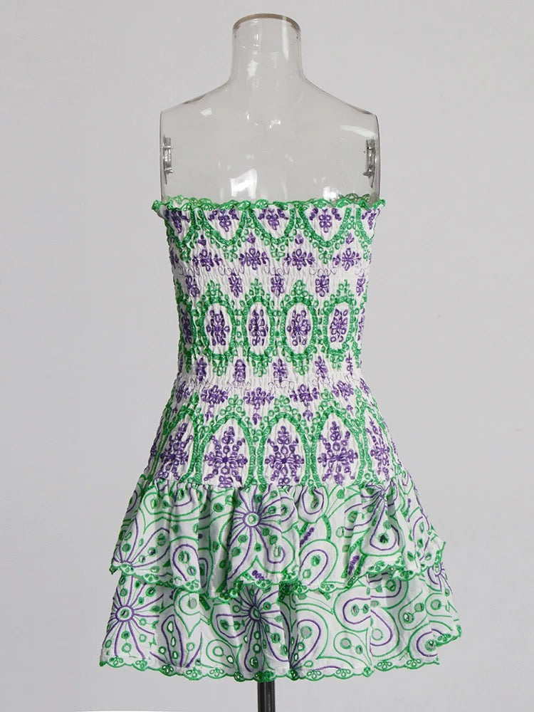 Green Cutwork Hollow Out Printing Dresses For Women