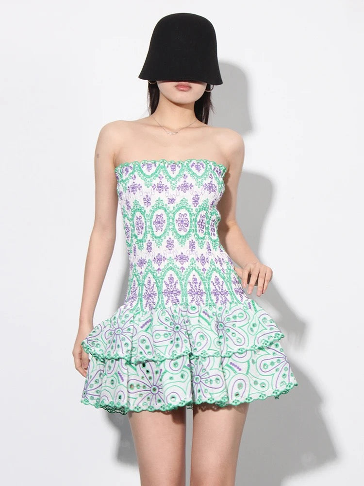 Green Cutwork Hollow Out Printing Dresses For Women