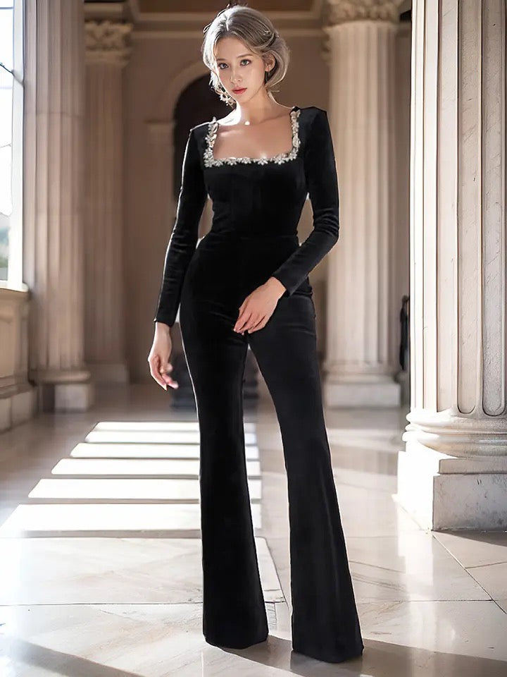 Black Square Neck Diamond High Waist Wide Leg Jumpsuit