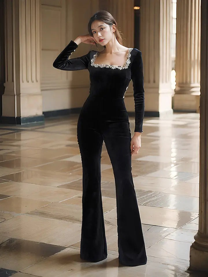 Black Square Neck Diamond High Waist Wide Leg Jumpsuit