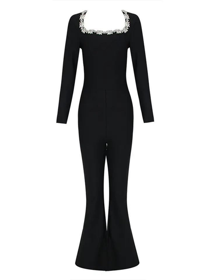 Black Square Neck Diamond High Waist Wide Leg Jumpsuit