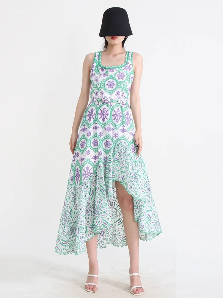 Green Cutwork Hollow Out Printing Dresses For Women