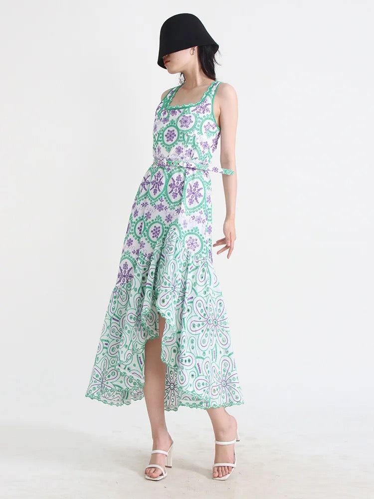 Green Cutwork Hollow Out Printing Dresses For Women