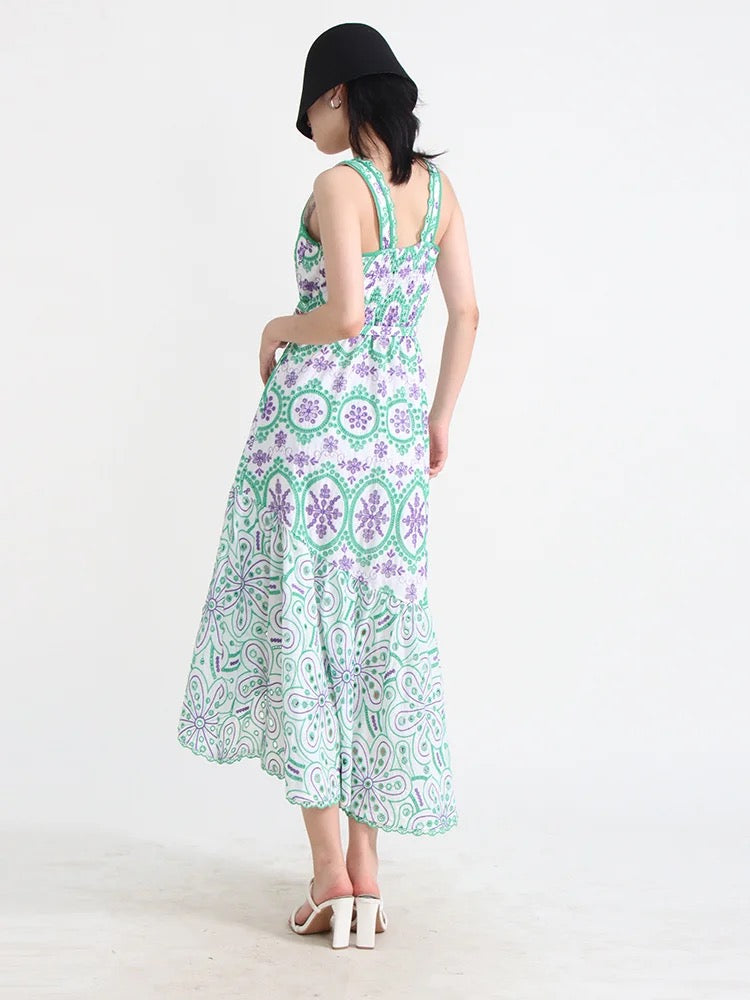 Green Cutwork Hollow Out Printing Dresses For Women