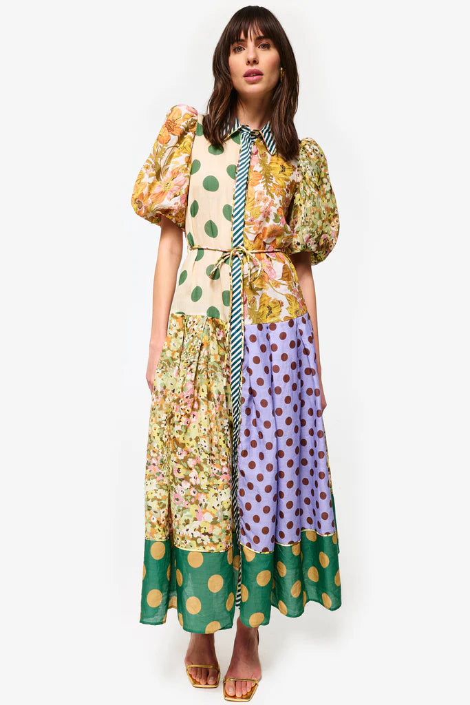 Printed Turn-down Collar Puff Short Sleeve Linen Long Dress