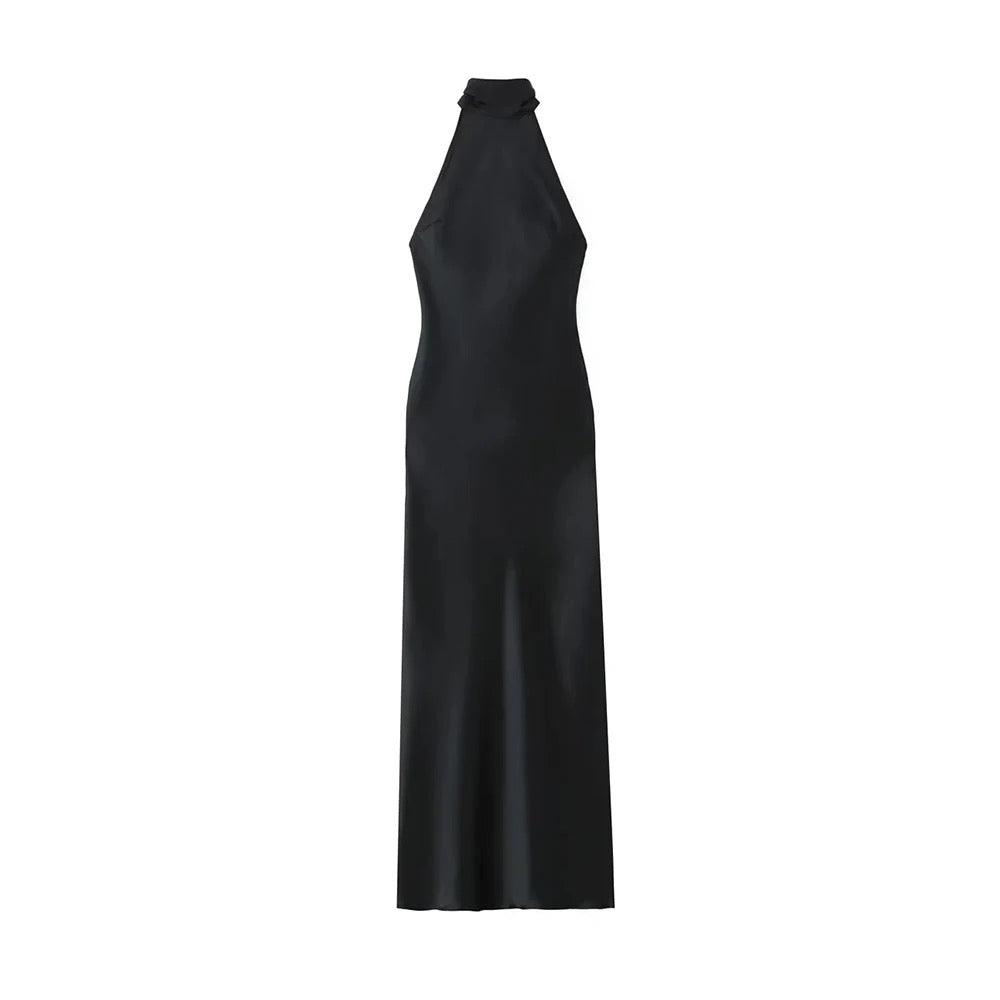 Black Satin Halter Dress for Women, Backless Dress with Bow Tied