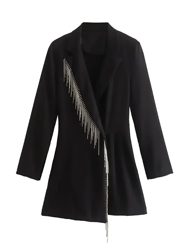 Black Collar Slim Hidden Breasted Long Sleeve Tassel Black Suit